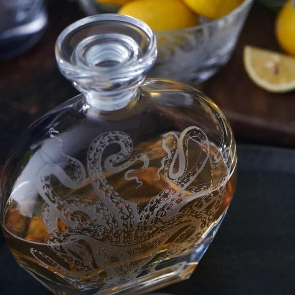 Sand engraved decanter with octopus. Coastal Compass Home Decor