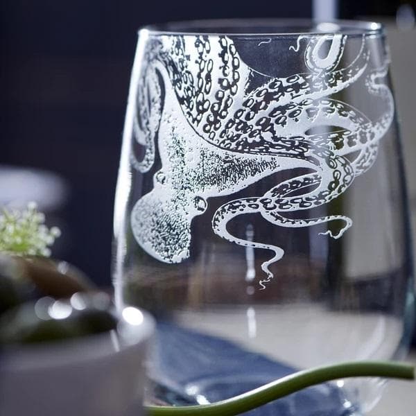sand etched octopus coastal stemless wine glasses. Coastal Compass Home Decor