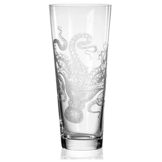 Lead free crystal tall vase with hand etched octopus. Coatal Compass Home Decor