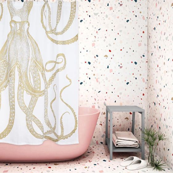 Gold Octopus Coastal Shower Curtain - Beach Bath Decor - Coastal Compass Home Decor