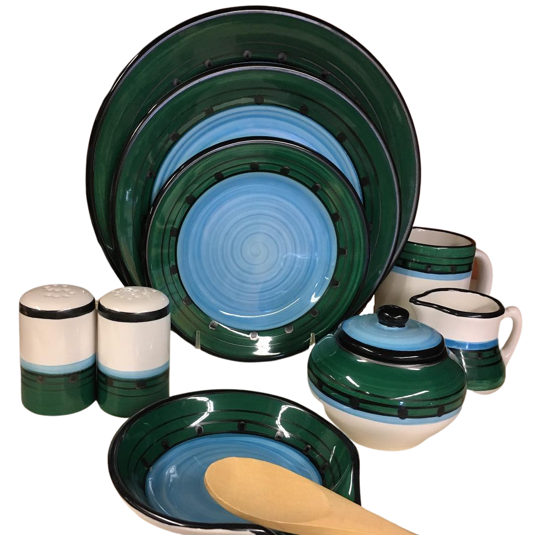 American made, hand painted Blue/Green Coastal Carousel Dinnerware Set - The Coastal Compass Home Decor