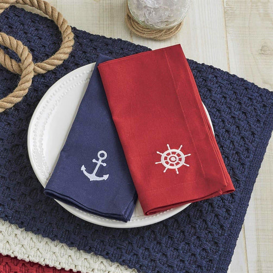 Red and blue nautical embroidered cloth napkins. 4 piece set. Coastal Compass Home Decor