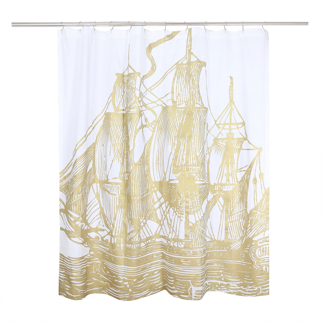 Gold Nautical Ship Shower Curtain - Nautical Home Decor - Coastal Compass Home Decor