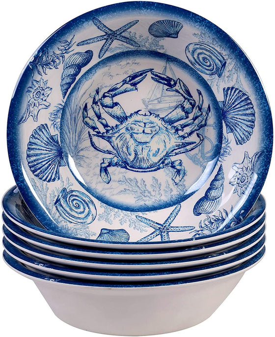 Oceanic coastal melamine dinnerware bowls with crab, star fish and shells. Coastal Compass Home Decor