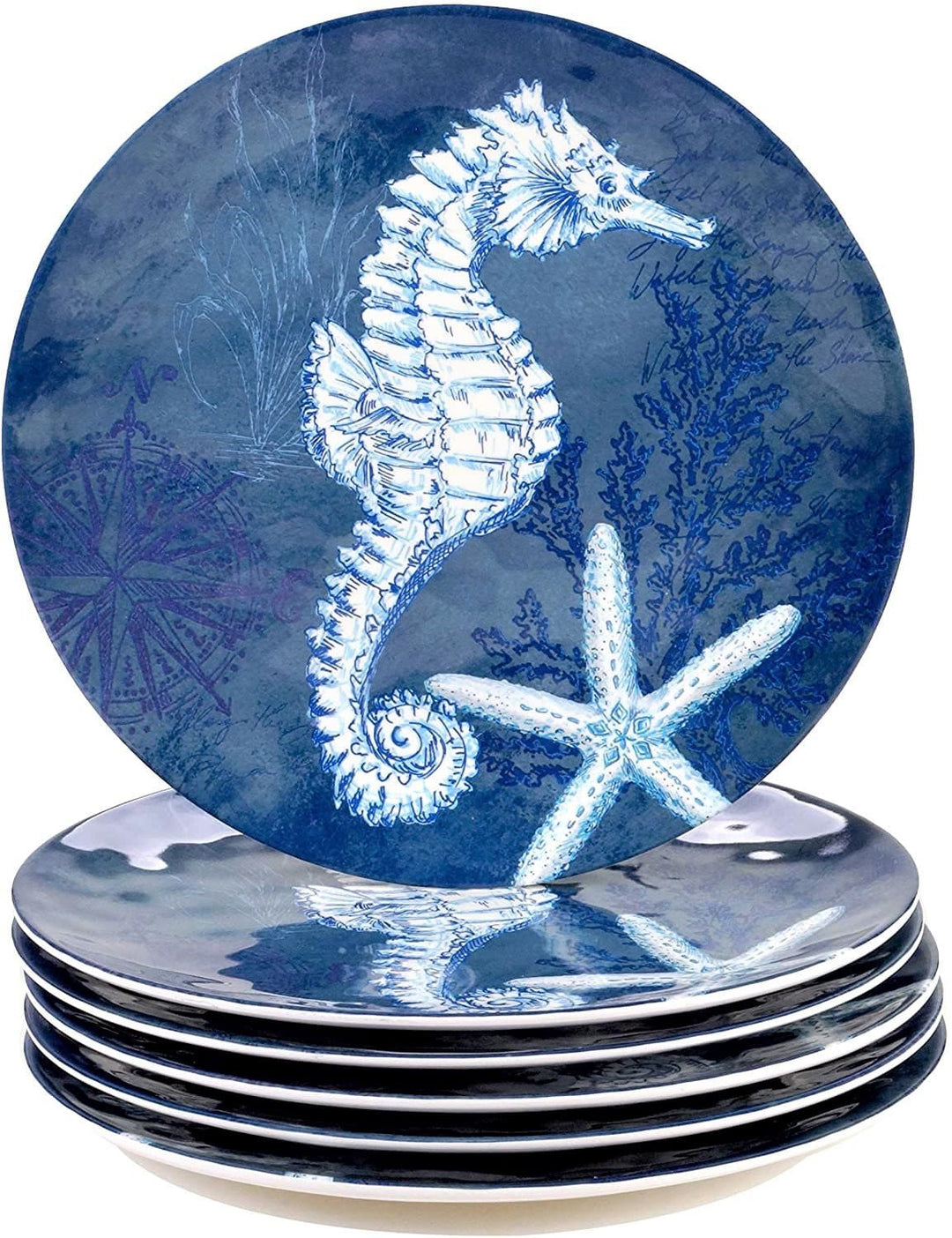 Deep blue sea coastal melamine dinnerware plates with sea horse. Coastal Compass Home Decor