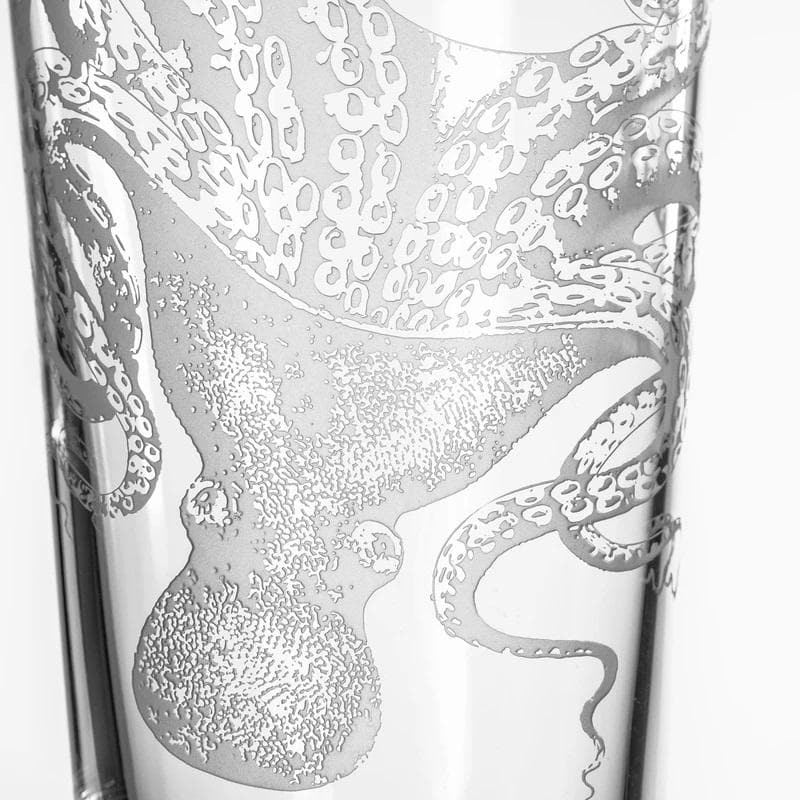 Octopus engraved tall glass vase detail. Sand engraved by hand. Coastal Compass Home Decor