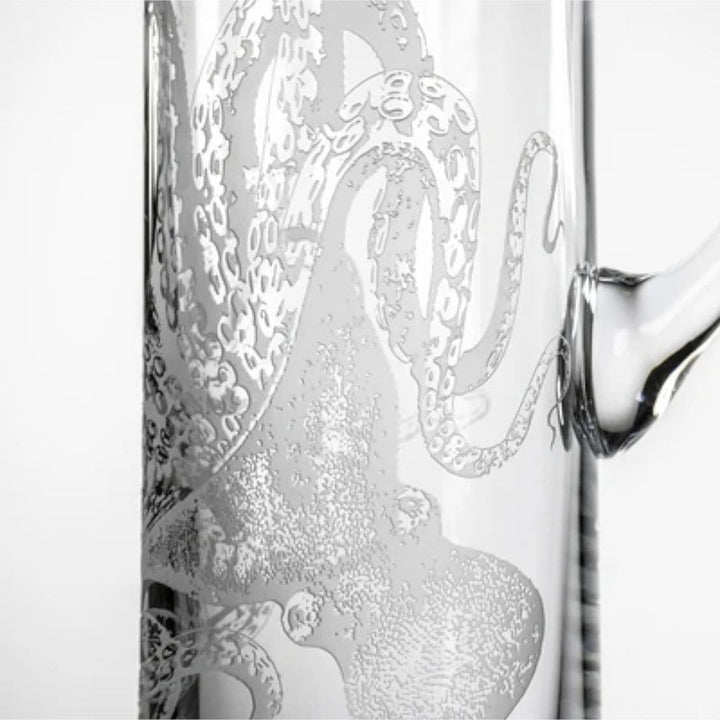 Octopus engraved coastal glass pitcher detail. High quality made in the USA. Coastal Compass Home Decor
