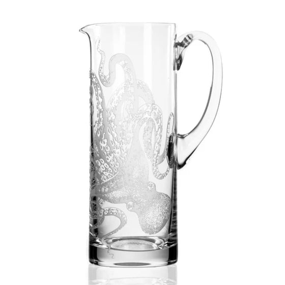 Octopus engraved coastal glass pitcher. High quality made in the USA. Coastal Compass Home Decor
