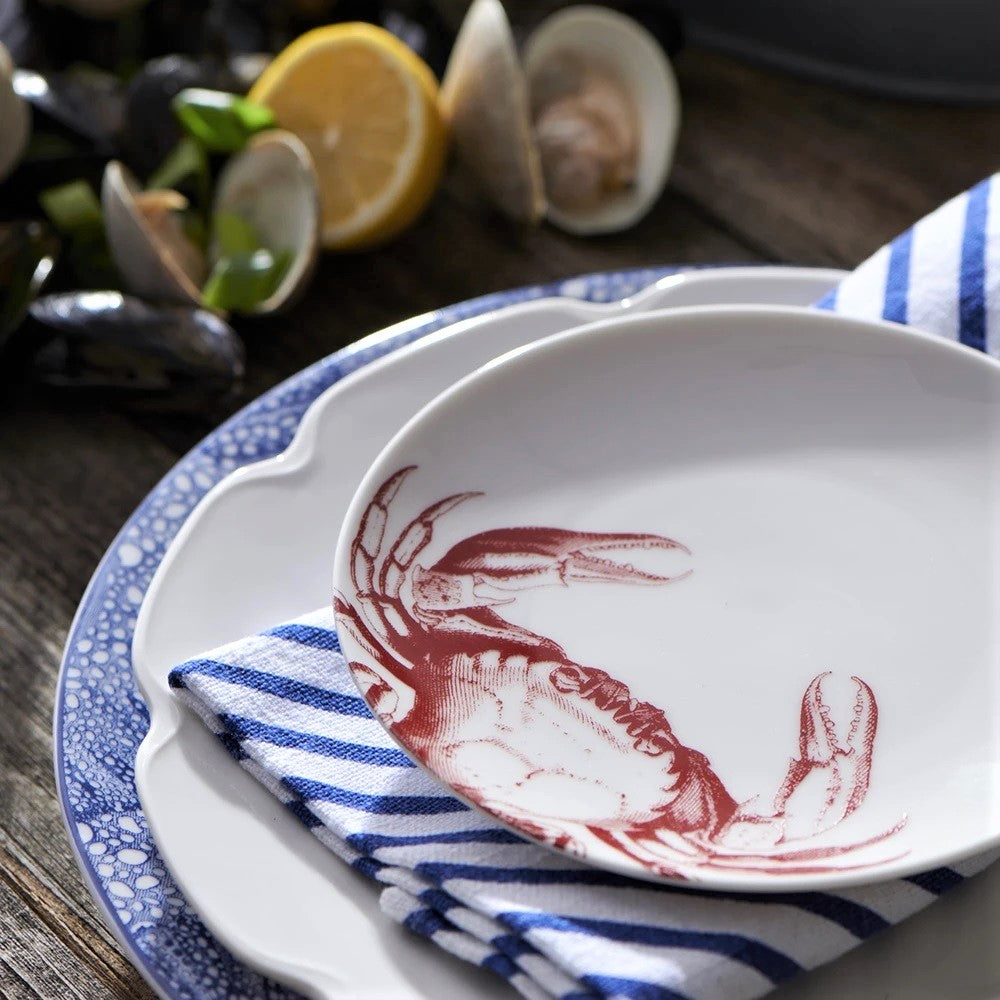 Porcelain red crab on white appetizer plates - The Coastal Compass Home Decor