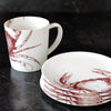 Red crab mug and appestizer plates. Porcelain. Coastal Compass Home Decor