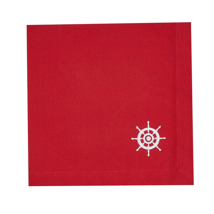 Red cloth napkins with ship wheel embroidery. Coastal Compass Home Decor