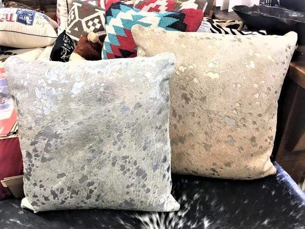 silver and gold metallic acid wash cowhide pillows