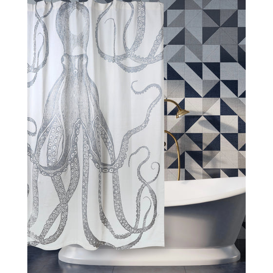 Silver Metallic Octopus Coastal Shower Curtain - Beach Bath Decor - Coastal Compass Home Decor