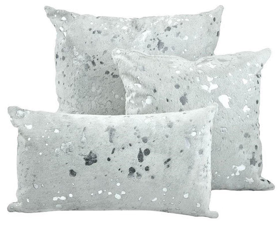 acid wash silver on white cowhide throw pillows | Coastal Compass