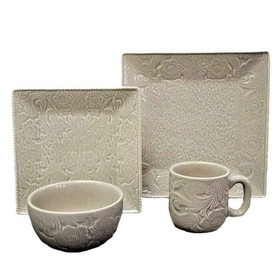 Floral embossed square taupe dinnerware - The Coastal Compass Home Decor