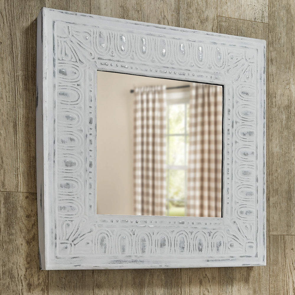 Distressed Tin Tile Wall Mirror Off-White - Coastal Compass Home Decor