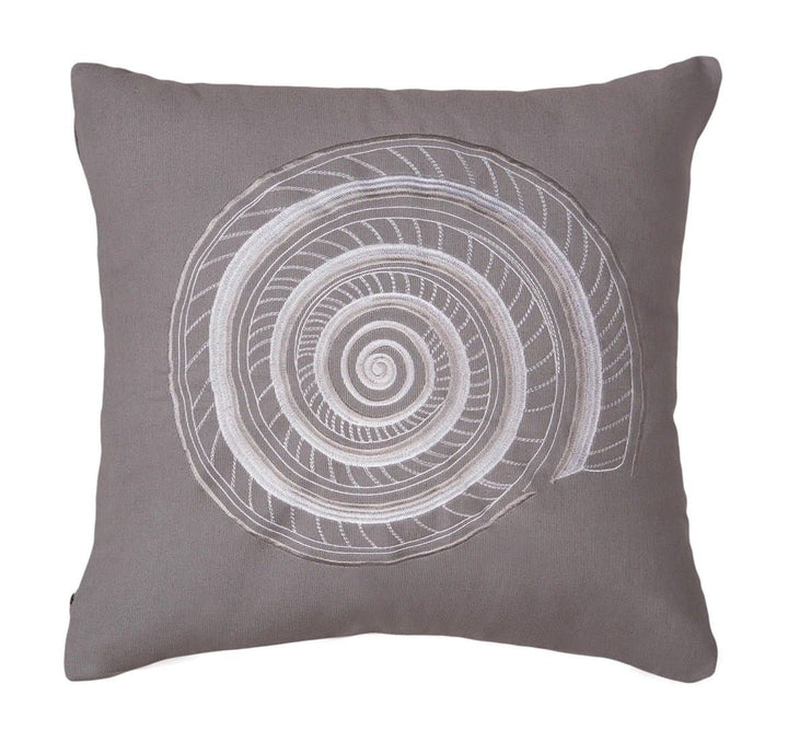 Grey coastal accent pillow with embroidered sea shell. The Coastal Compass Home Decor